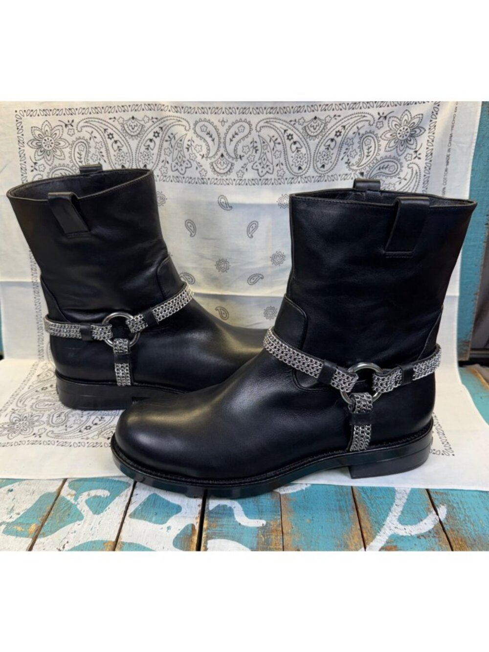 Karl Lagerfeld Black Leather Vernet Moto Biker Chain Harness Boots Womans Sz 9.5